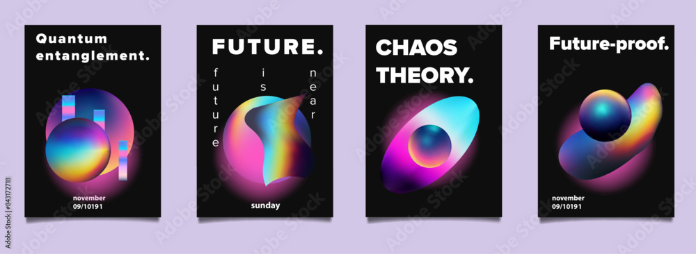 Poster Set of abstract posters with complex 3d shapes in holographic bright neon colors. Ideal for invitations to scientific conferences and symposiums.