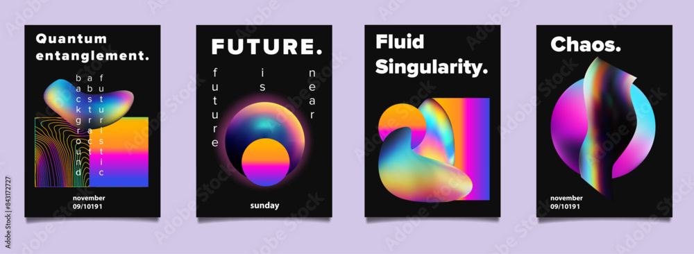 Poster set of abstract posters with complex 3d shapes in holographic bright neon colors. ideal for invitati