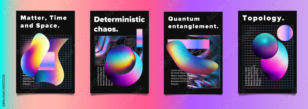 Poster Set of abstract posters with complex 3d shapes in holographic bright neon colors. Ideal for invitations to scientific conferences and symposiums.