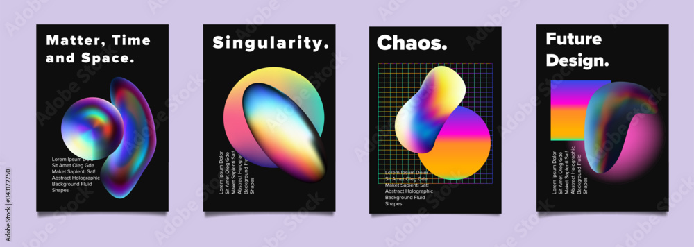 Poster set of abstract posters with complex 3d shapes in holographic bright neon colors. ideal for invitati