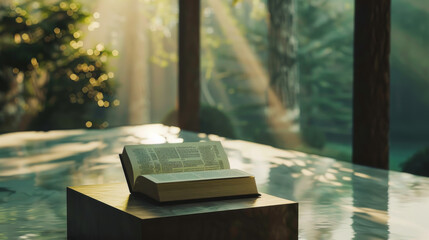 The book lies on the surface among natural landscapes. Book indoors. Reading concept.