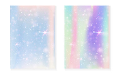 Magic background with princess rainbow gradient. Kawaii unicorn hologram. Holographic fairy set. Multicolor fantasy cover. Magic background with sparkles and stars for cute girl party invitation.