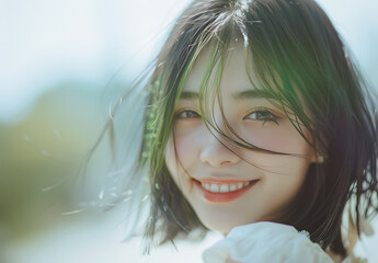 beautiful Japanese girl straight hair smiling looking camera wearing white attire green highlight her shoulderlength hair against clean background She captured upper body shot soft lighting