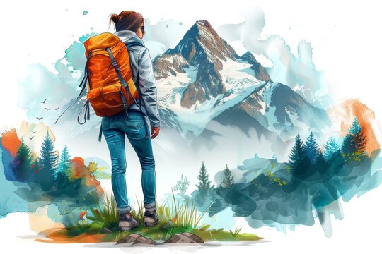 A digital painting portraying a backpacker gazing at a mountain landscape, evoking a sense of adventure and exploration