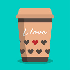 Paper coffee cup with the image of hearts and the inscription I love	