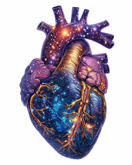 Naklejka premium watercolor anatomical heart made of galaxy