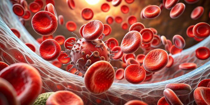 Red blood cells with virus in bloodstream