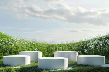 five white podium views grassland background