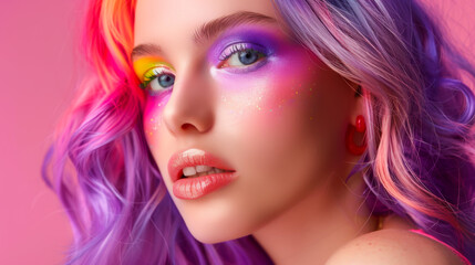 Fototapeta premium Close-up of a beautiful woman with bright makeup and purple hair. A stylish fashion model with a bright appearance poses indoors. Fashion and beauty concept.