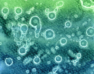 Watercolor Abstract Background.  Banner. Green hand painted texture with round drops. Bubbles in water