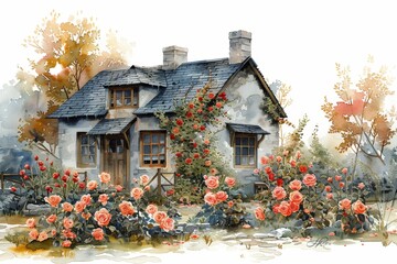 Artistic illustration captures the timeless charm of a vintage cottage surrounded by roses