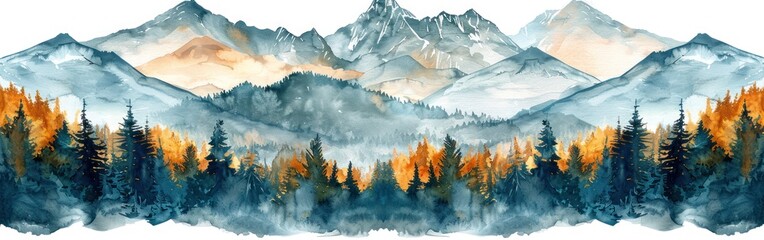 Watercolor Mountain Peak Landscape with Fir Trees Panorama Banner Illustration for Logo Design on White Background