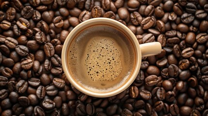 Fototapeta premium Organic coffee cup filled with coffee beans displayed on a background of scattered coffee beans