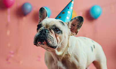 Cute White French Bulldog Wearing Blue Birthday Cap Celebrates Party Against Pink Background with Colorful Balloons in Festive Setting