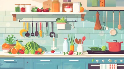 A cozy kitchen with blue cabinets and a white countertop.