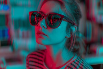 Image of a girl turned sideways wearing glasses and a striped shirt with an anaglyph 3D effect applied