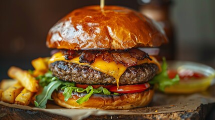 A delicious cheeseburger with bacon and a side of fries. The burger is made with a juicy beef patty, melted cheese, and crispy bacon.