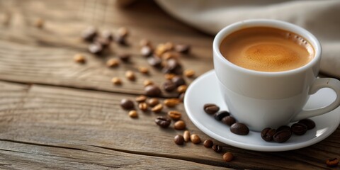 Cappuccino in a white cup surrounded by coffee beans on a textured wooden background