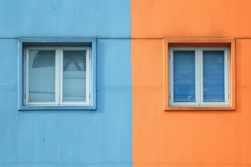 Image of symmetrical windows on contrasting blue and orange painted sections of a building's exterior