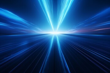 Abstract futuristic blue light beams converging to a point on dark background, symbolizing speed, energy, and technological advancement.