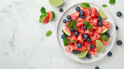 A plate of fruit salad watermelon, blueberries, lime juice, and mint on a white table