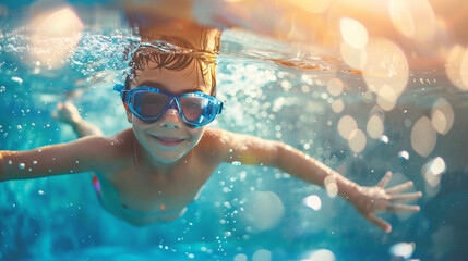 Fototapeta premium A joyful young boy swims and dives underwater