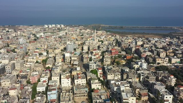 Jisr az Zarqa. Aerial view of the Israeli Arab coastal town skyline