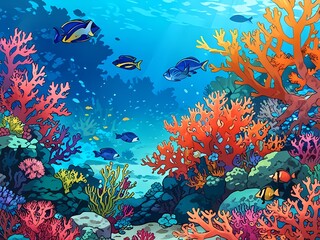 Naklejka premium Title: 3d illustration of underwater sea colorful tropical fish in the coral reef.