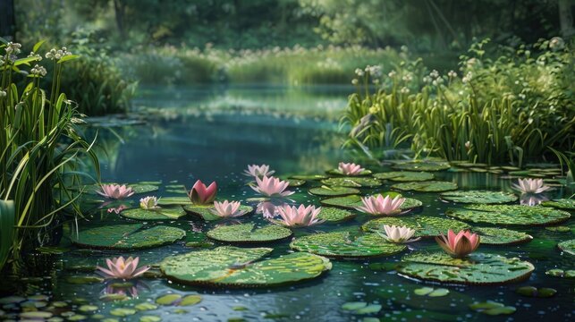 A pond adorned with lovely water lilies