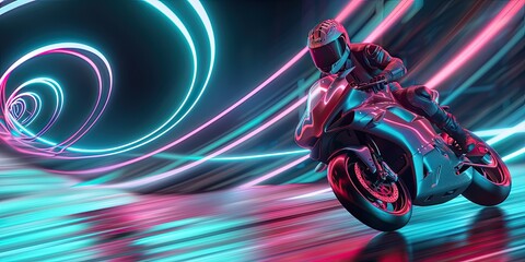A brightly colored neon motorcycle with a racer in motion. The concept of high speed, futuristic design and racing.