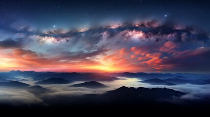 Fototapeta premium Breathtaking mountain landscape at sunrise with vibrant colors and a stunning star-filled sky. Perfect for nature and travel photography.