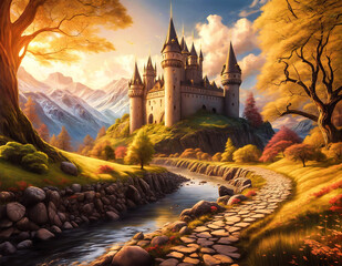 epic majestic scenery with fairy tale castle surrounded with a beautiful landscape and forest covered with a lush vegetation under a bright sky created with using Generative Ai Technology