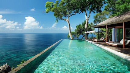 Obraz premium Amazing view of the sea from the infinity pool of a luxury villa with a wooden terrace with sun loungers and a large tree.