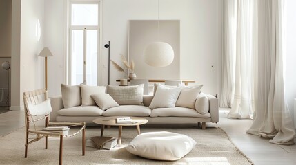 Fototapeta premium This is a bright and airy living room with a neutral color palette. The room is furnished with a comfortable sofa, a coffee table, and a rug.