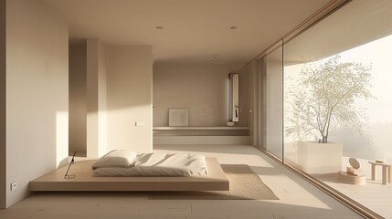 Fototapeta premium The image is a 3D rendering of a modern bedroom. The room is decorated in a minimalist style with white walls and light wood floors.