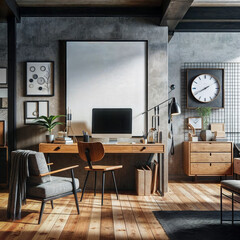 Mockup frame in home office interior background, mid-century modern style in loft, 3d render,digital illustration created with generative ai.