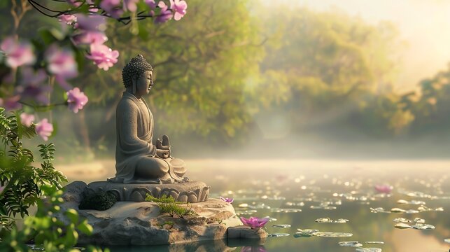 A serene Buddha statue sits on a lotus flower in a peaceful pond, surrounded by lush greenery and cherry blossoms.