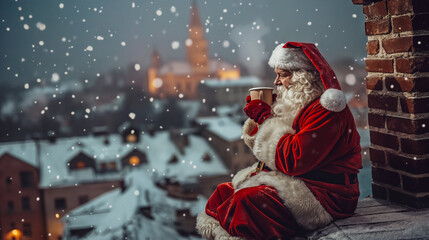 Santa Claus taking a break on a roof with a mug of hot chocolate on Christmas Eve