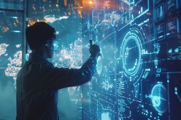 Ai technology concept. Man uses holographic interface business analytics and global technology 