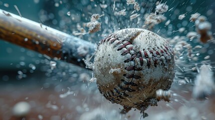 detailed view of a baseball bat shattered by swinging at a baseball in mid air 