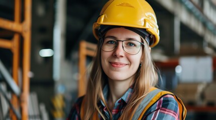 Portrait of a smiling female construction worker wearing a hard hat and safety vest.