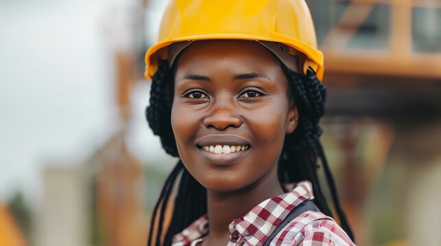 A young African American woman wearing a yellow hard hat is smiling at the camera. She is wearing a plaid shirt and has her hair in braids. - Powered by Adobe