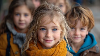 Group of diverse cheerful fun happy multiethnic children outdoors. Outdoor portrait of cheerful kids.