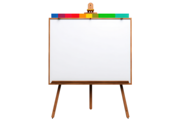Wooden Easel with Blank Drawing Board and Colorful Header | Isolated on Transparent & White Background | PNG File with Transparency