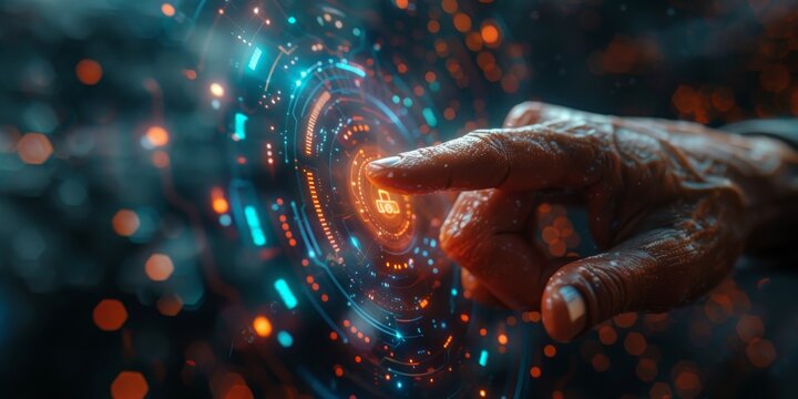 An elderly woman is using a gesture to interact with a futuristic screen