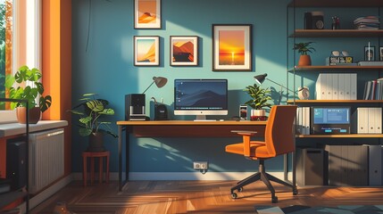 A home office with a large desk, a comfortable chair, and a computer. The room is decorated with plants, artwork, and a rug.