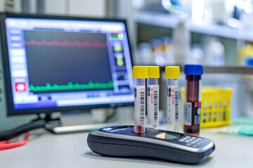 Bar code scanner and test tube over monitor of complete blood count analyzer in background 