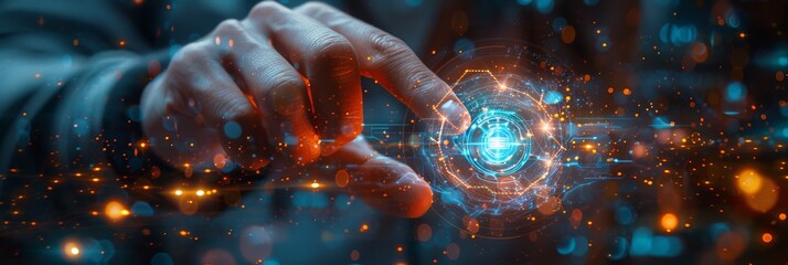 A person is using their finger to interact with a futuristic screen