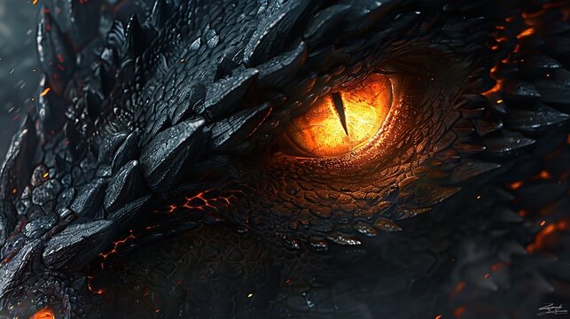Close up of Illustration of angry black fire dragon red eyes