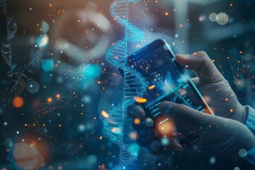 Biotech science concept. Human using smartphone with biology icons. Technology genetic research and microbiology biotechnology in laboratory